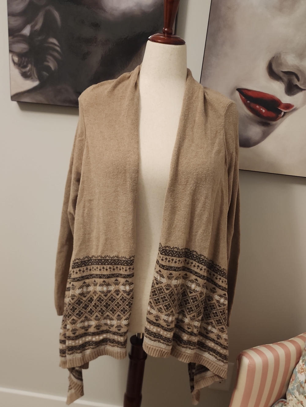 Lands' End Tan Open-Front Cardigan with Patterned Hem XL